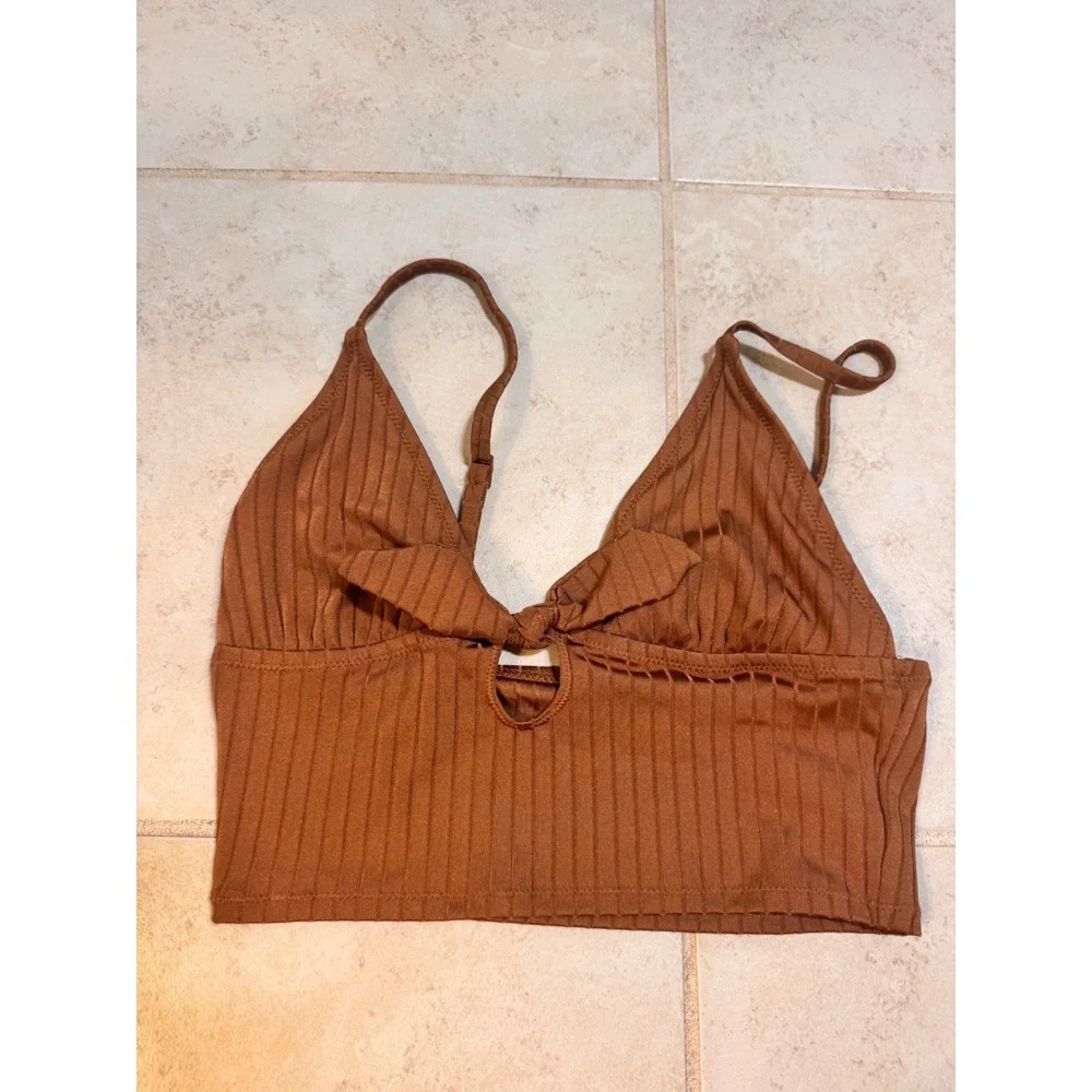 Aerie Ribbed Bikini Set Brown Keyhole Tie Front High Waist Cheeky Medium